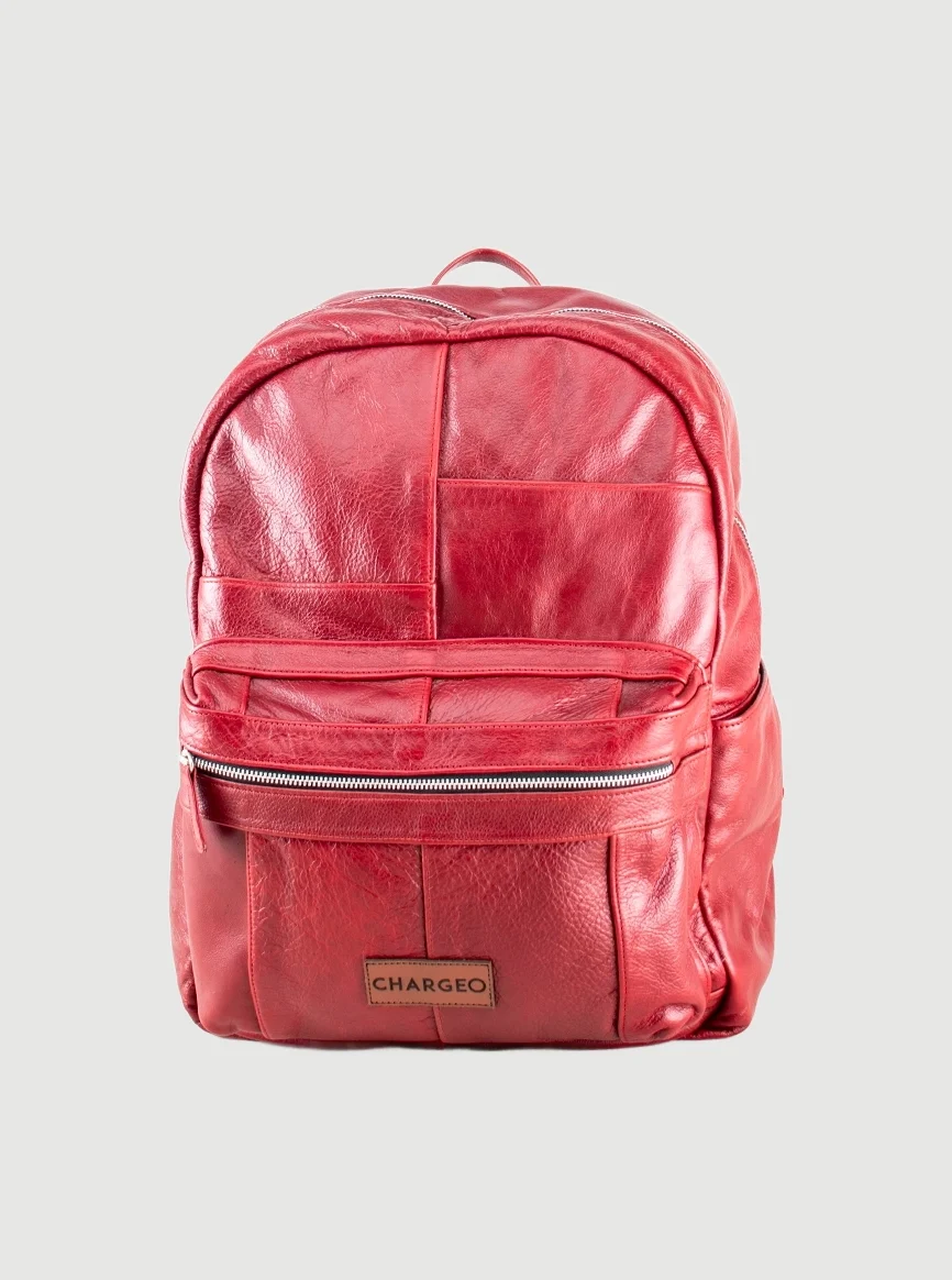 CHARGEO Leather Westville Backpack RedRuby front view.