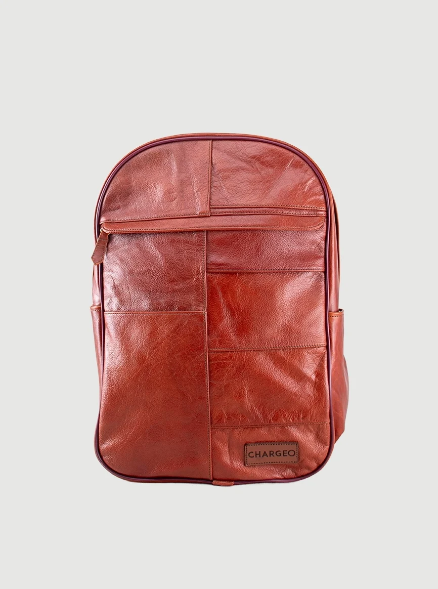 CHARGEO Stellenbosch leather backpack in Cognac, full front view.