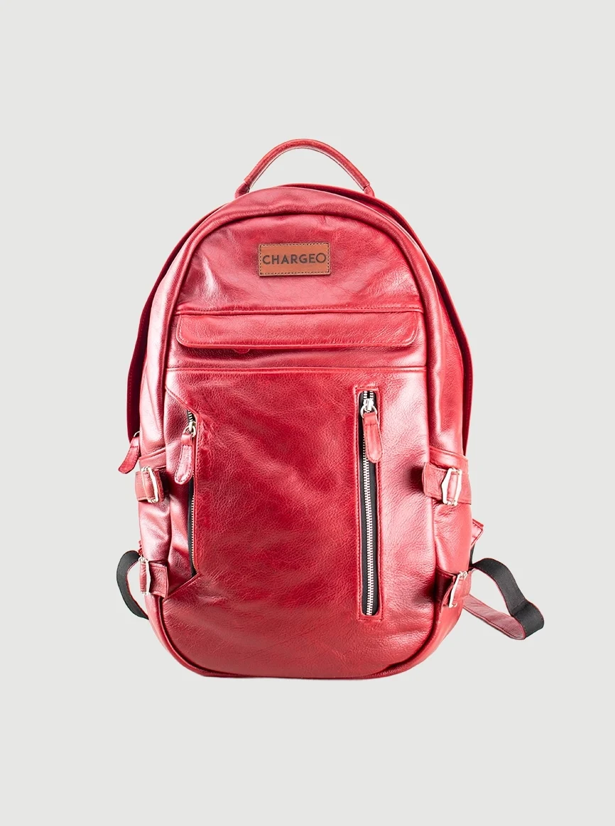 CHARGEO Umhlanga RedRuby leather backpack straight full front view.
