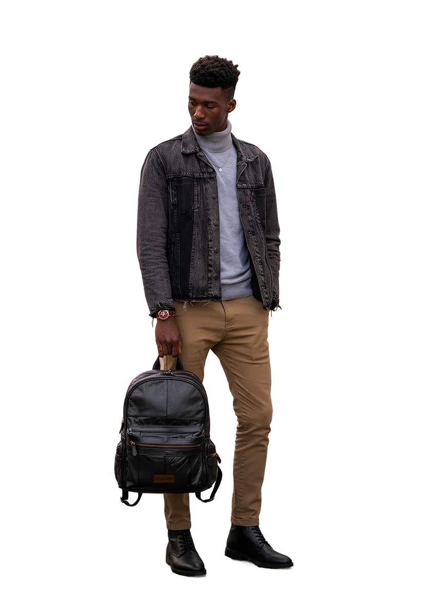 Man hanging the Chargeo Hyde Park bag with one hand