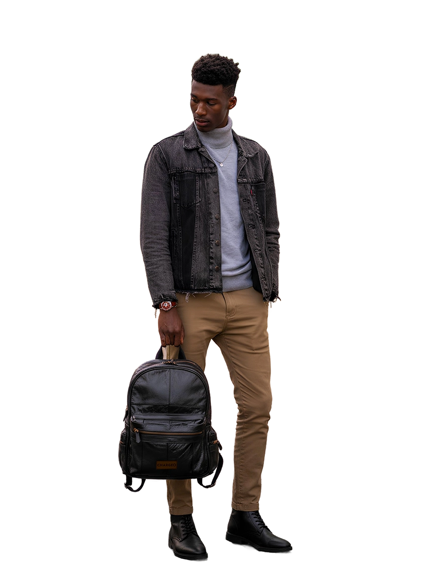 Man hanging the Chargeo Hyde Park bag with one hand