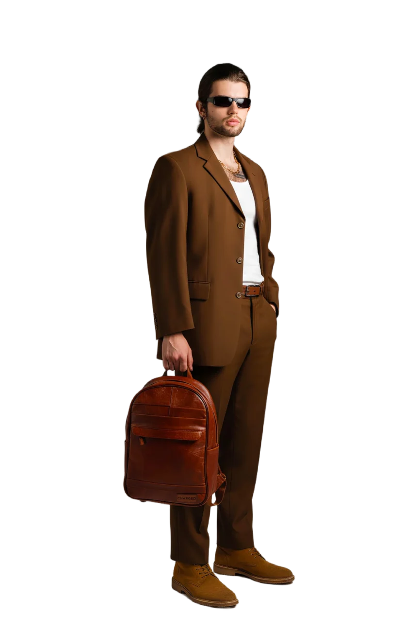 Model hanging the Chargeo Sandton Cognac bag with one hand