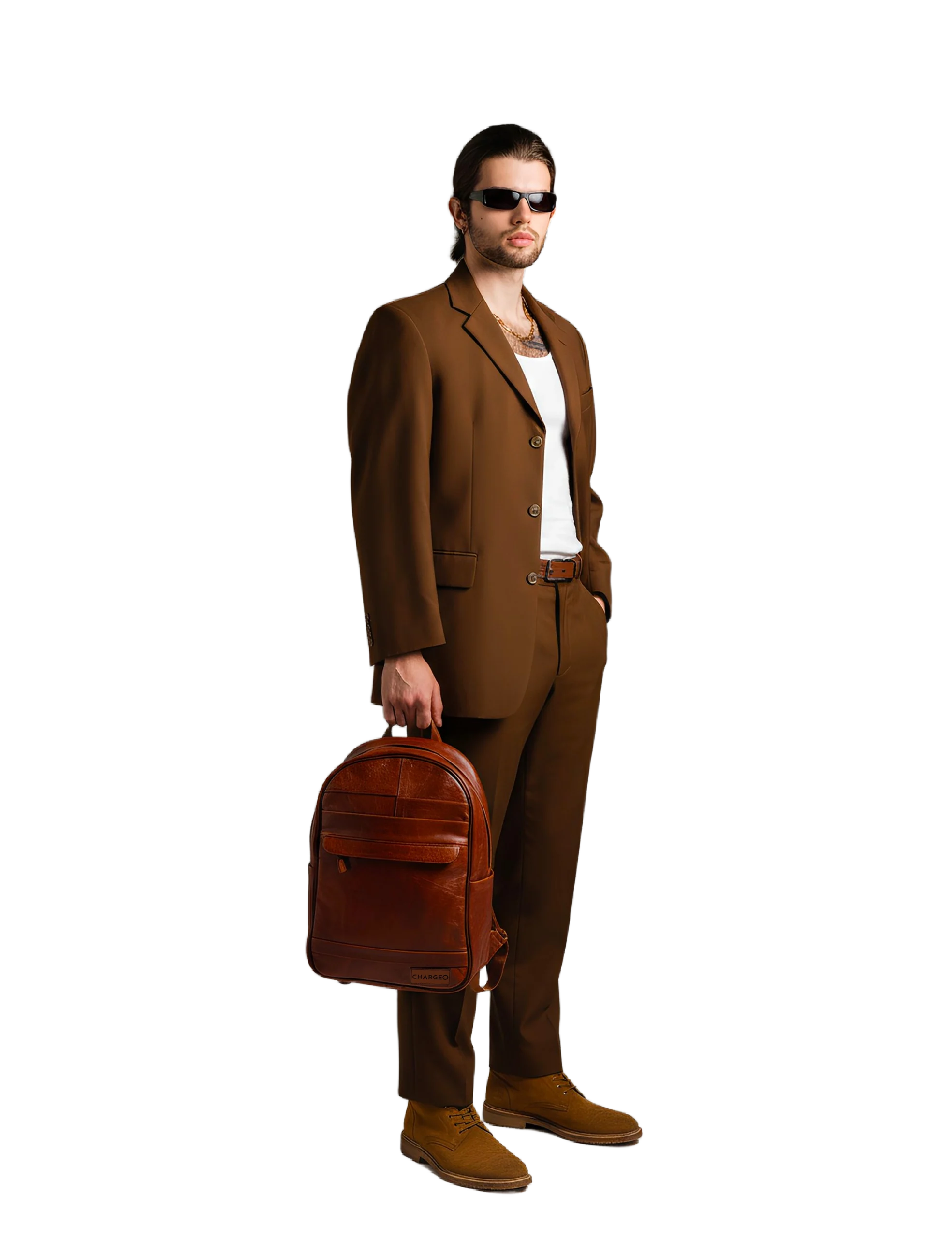 Model hanging the Chargeo Sandton Cognac bag with one hand