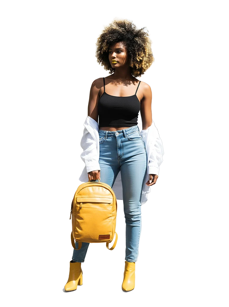 Woman hanging the Chargeo Waterfall Butter tan backpack