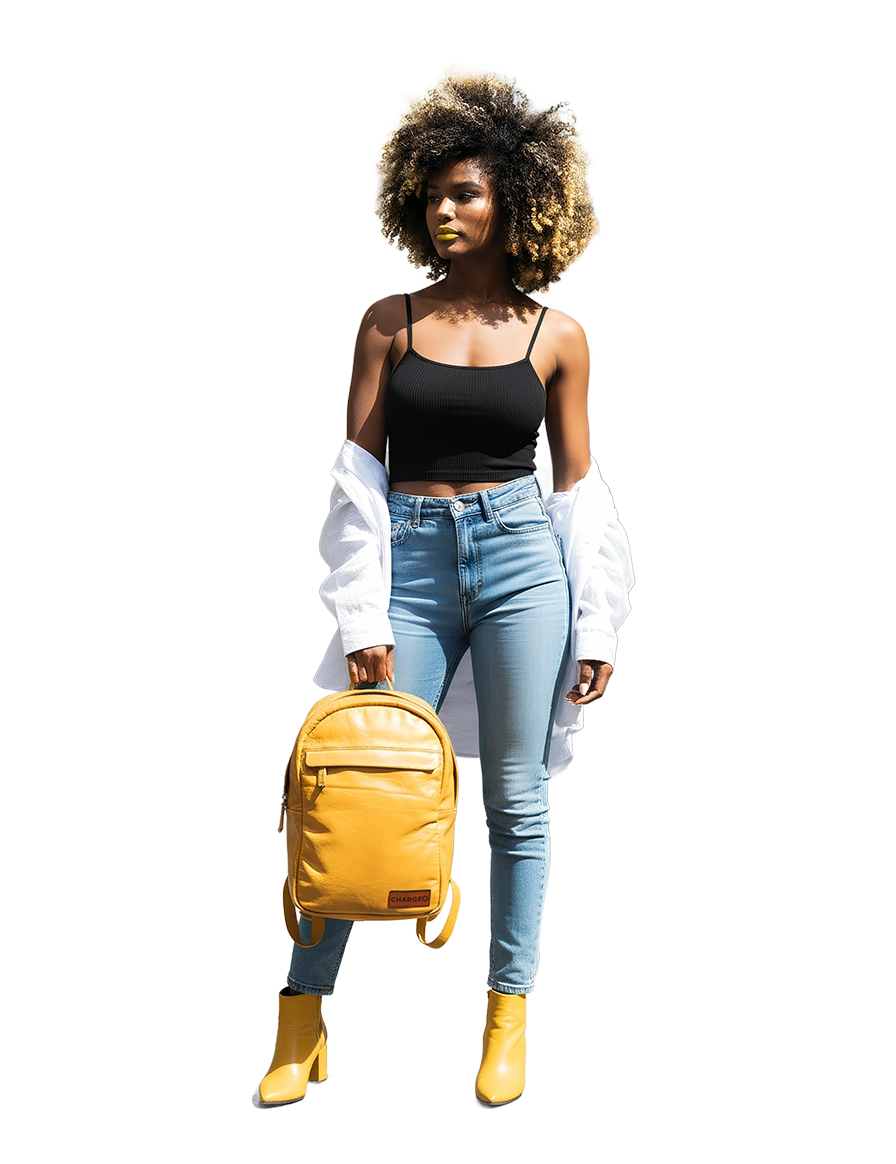 Woman hanging the Chargeo Waterfall Butter tan backpack