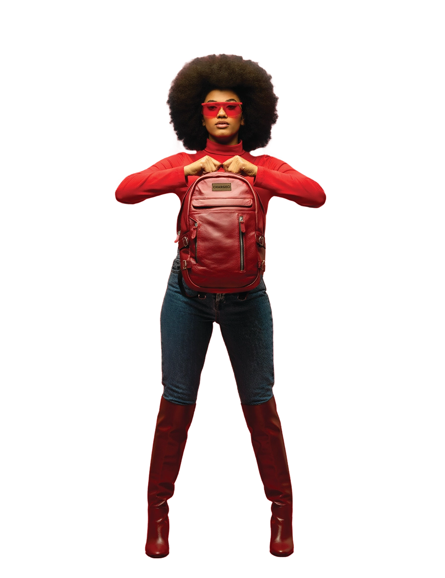 Lady hanging the Chargeo Umhlanga bag with both hands in front of her chest