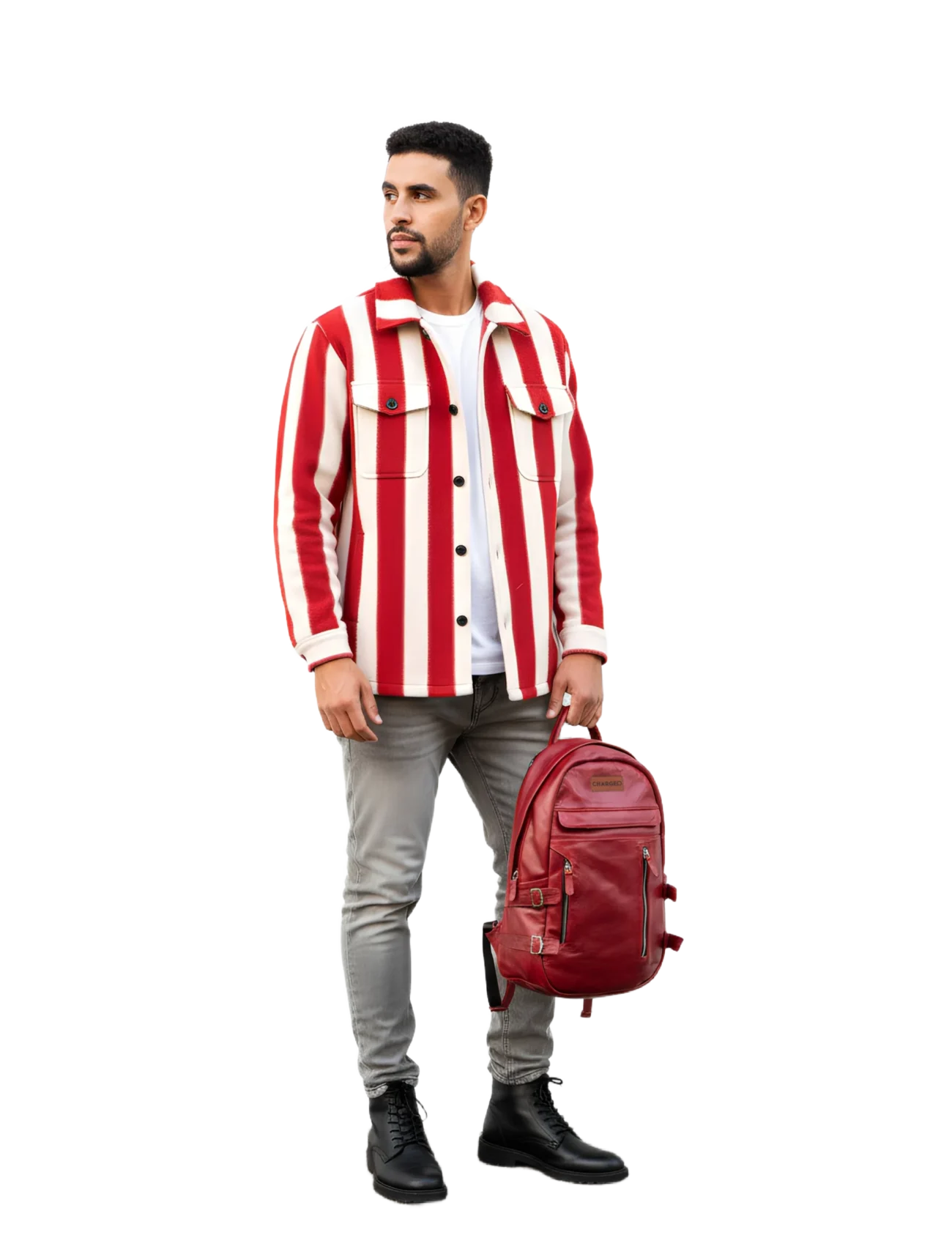 Model hanging the Chargeo Umhlanga RubyRed bag with one hand