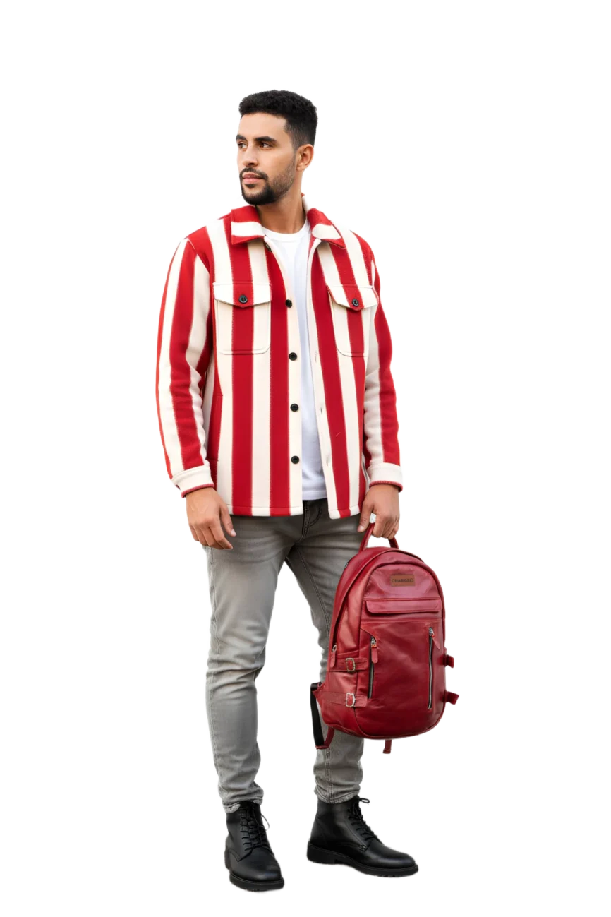 Model hanging the Chargeo Umhlanga RubyRed bag with one hand