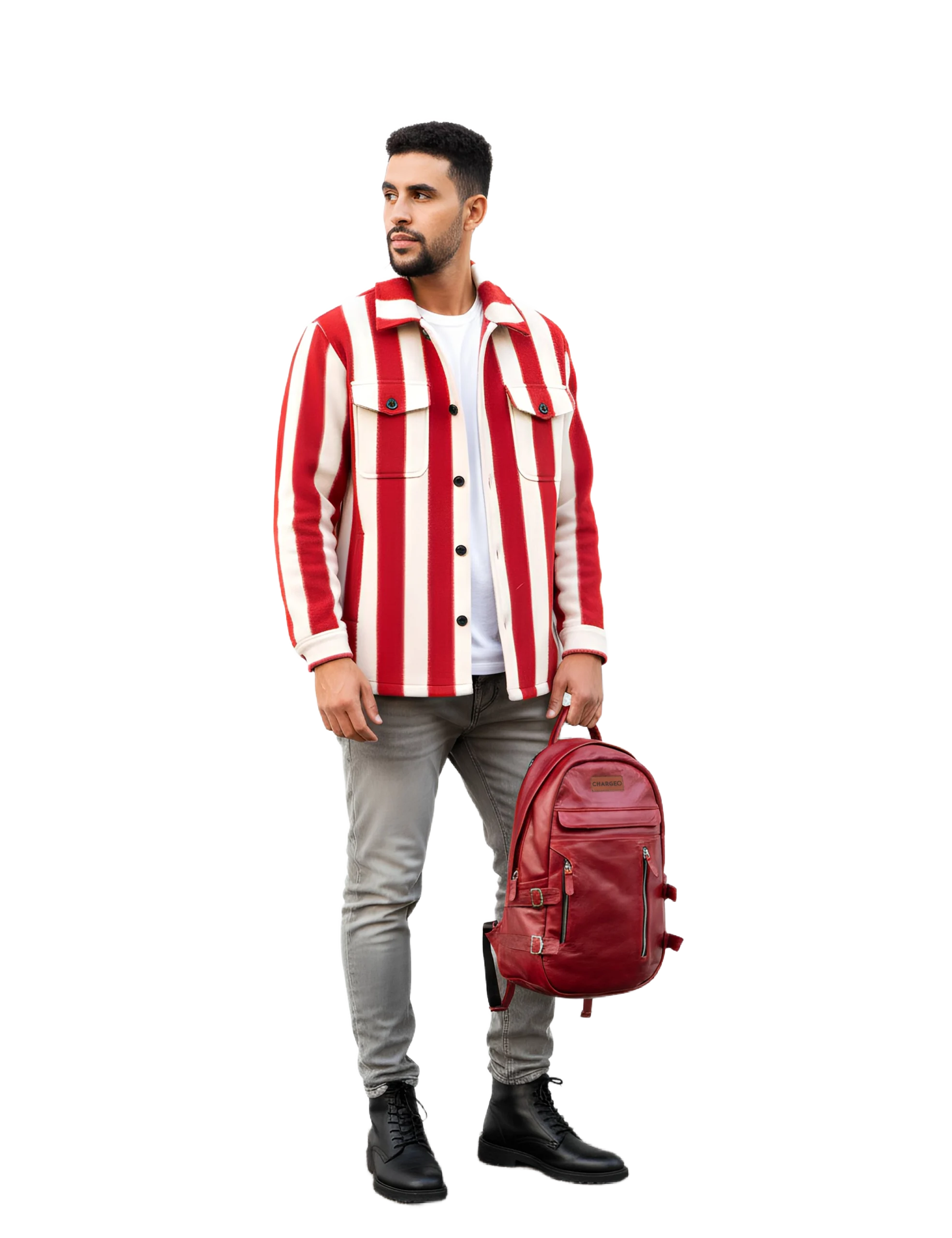 Model hanging the Chargeo Umhlanga RubyRed bag with one hand