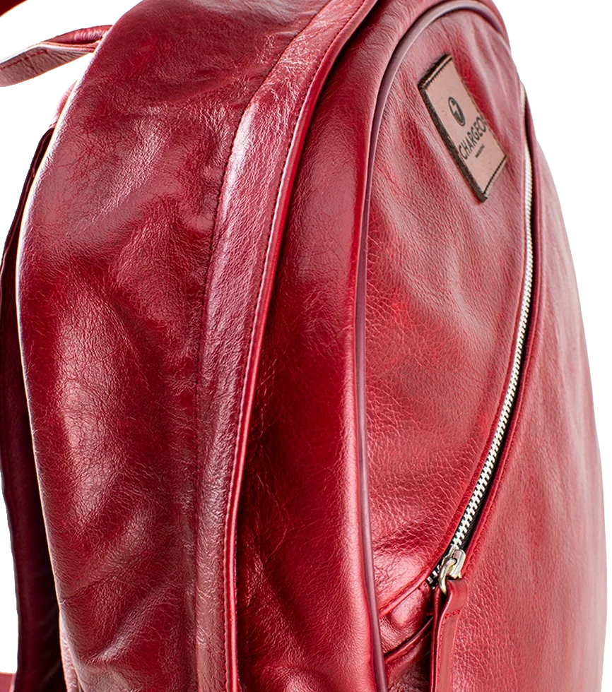 Close Up ToSide view of CHARGEO Pretoria Backpack in RedRuby leather