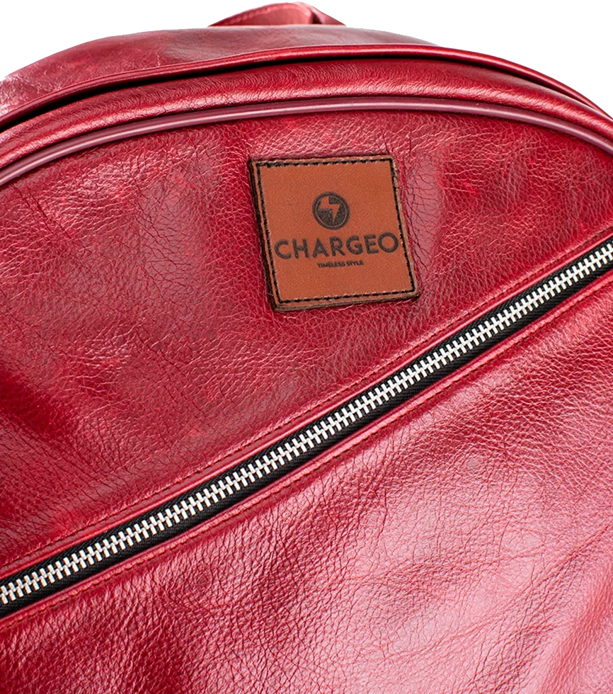 Close Up view of CHARGEO Pretoria Backpack in RedRuby leather.