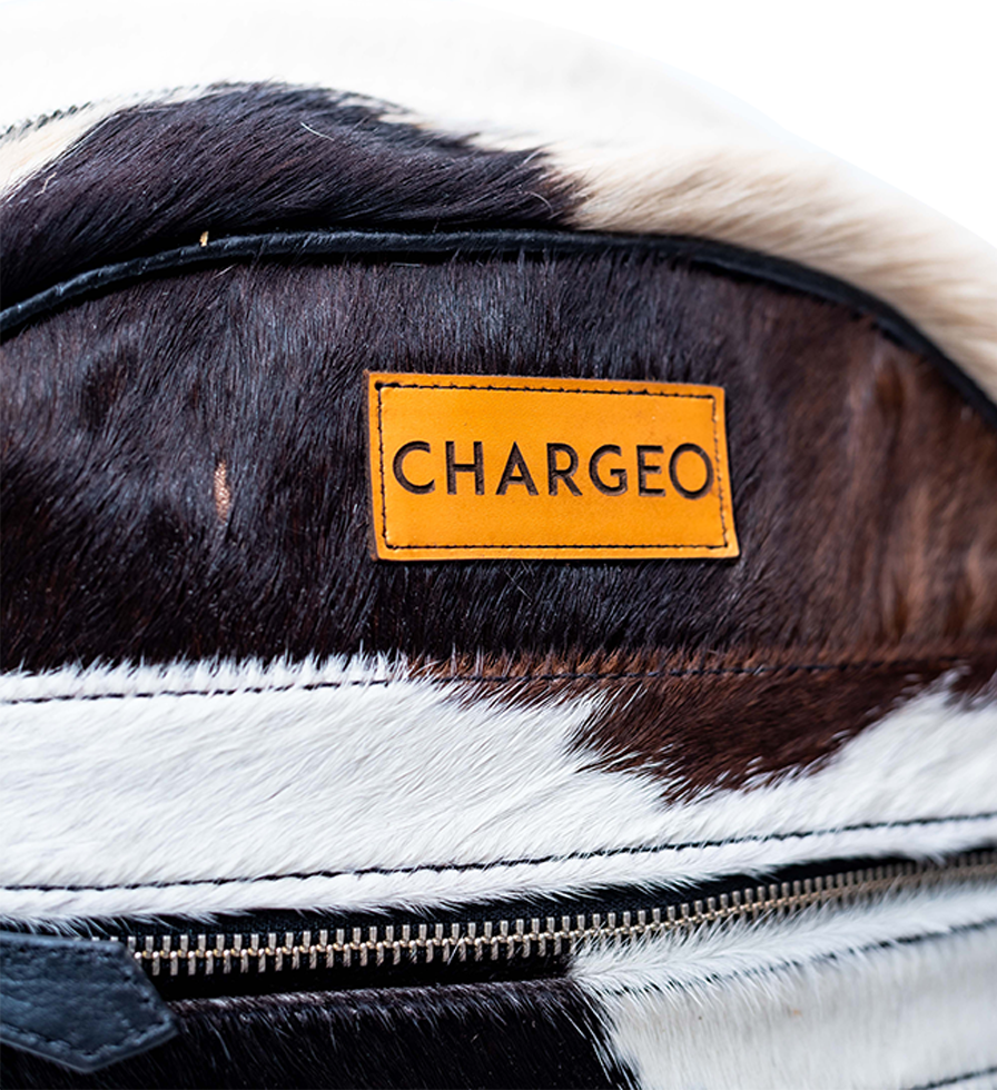 Close Up view of the CHARGEO Zulu Treasure Backpack in cowhide Close Up view of the CHARGEO Zulu Treasure Backpack in cowhide
