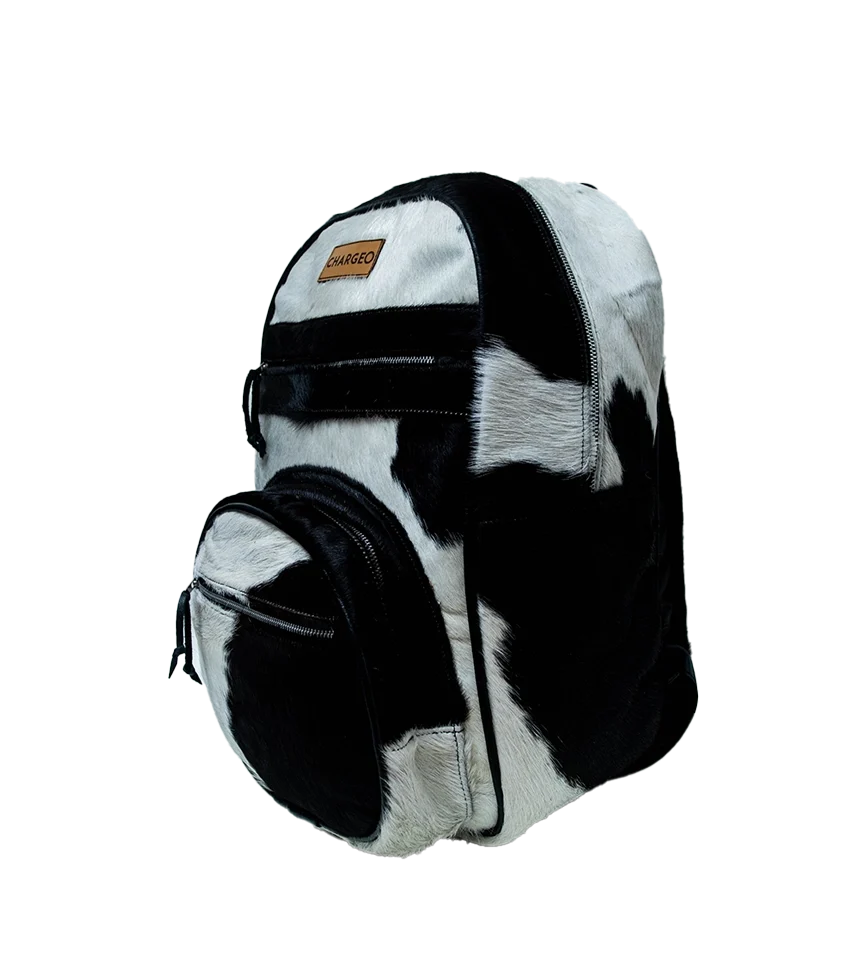 Diagonal view of the CHARGEO Zulu Treasure Backpack in cowhide leather