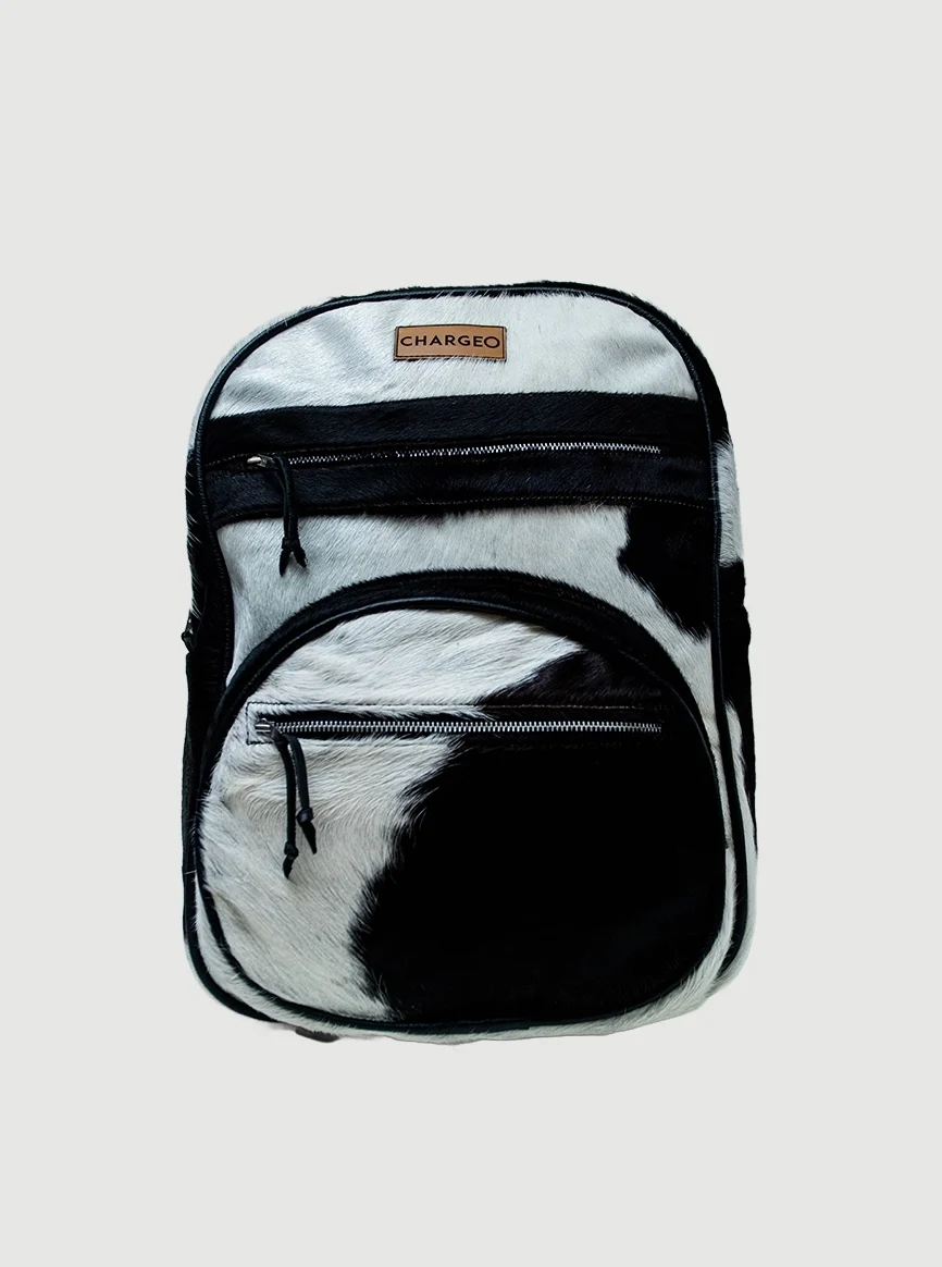 Front view CHARGEO Zulu Treasure Backpack in cowhide leather with Charcoal and white pattern