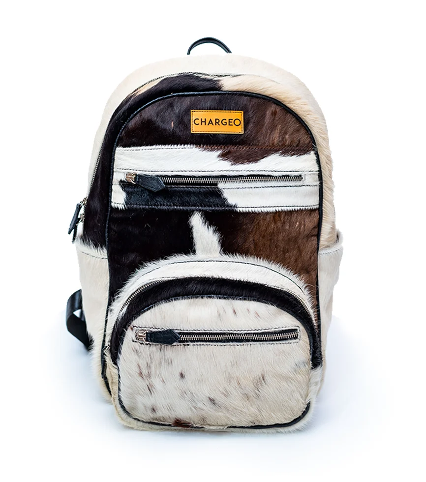Front view CHARGEO Zulu Treasure Backpack in cowhide with Charcoal and white pattern