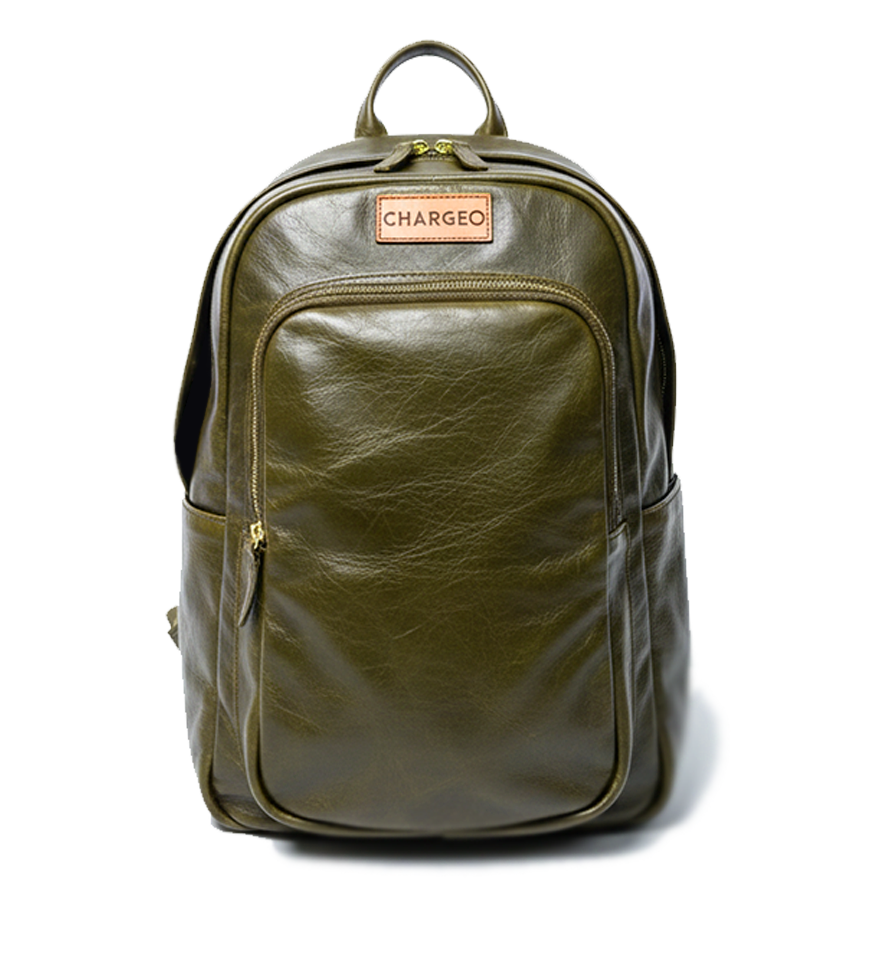 Front view of CHARGEO Park Town Backpack in Avocado leather