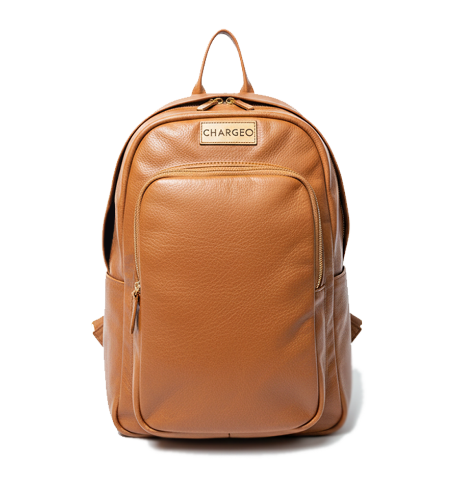 Front view of CHARGEO Park Town Backpack in Butter Tan leather.