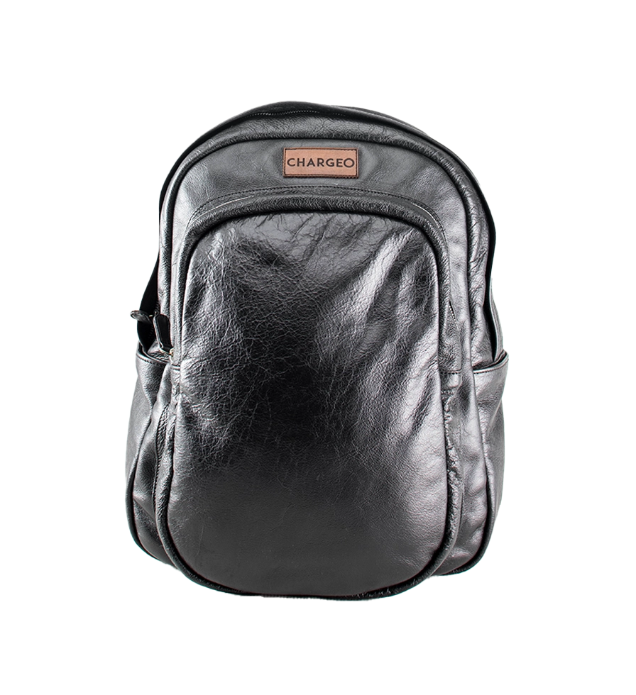 Front view of CHARGEO Park Town Backpack in Charcoal leather.