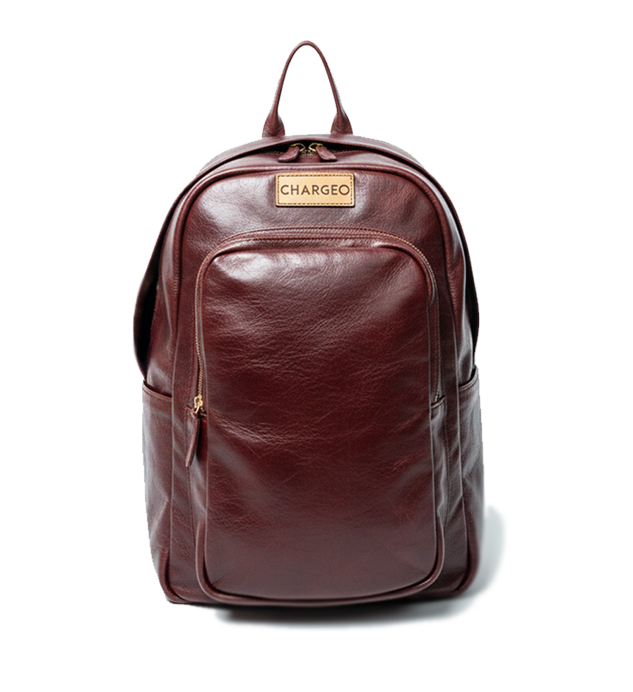 Front view of CHARGEO Park Town Backpack in Cognac leather.