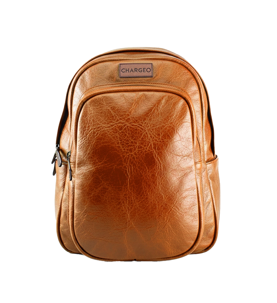 Front view of CHARGEO Park Town Backpack in Cognac leather.