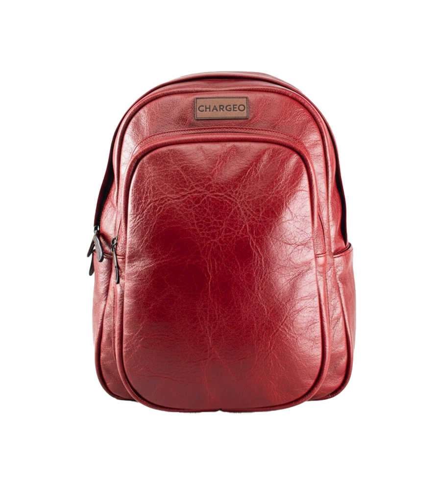 Front view of CHARGEO Park Town Backpack in RedRuby leather.