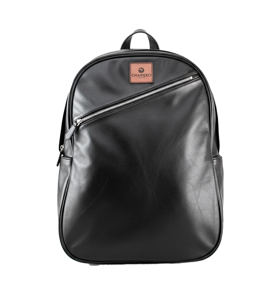 Front view of CHARGEO Pretoria Backpack in CHarcoal leather.