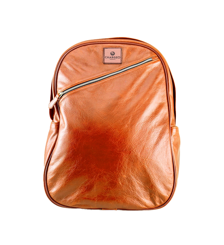 Front view of CHARGEO Pretoria Backpack in Cognac leather.