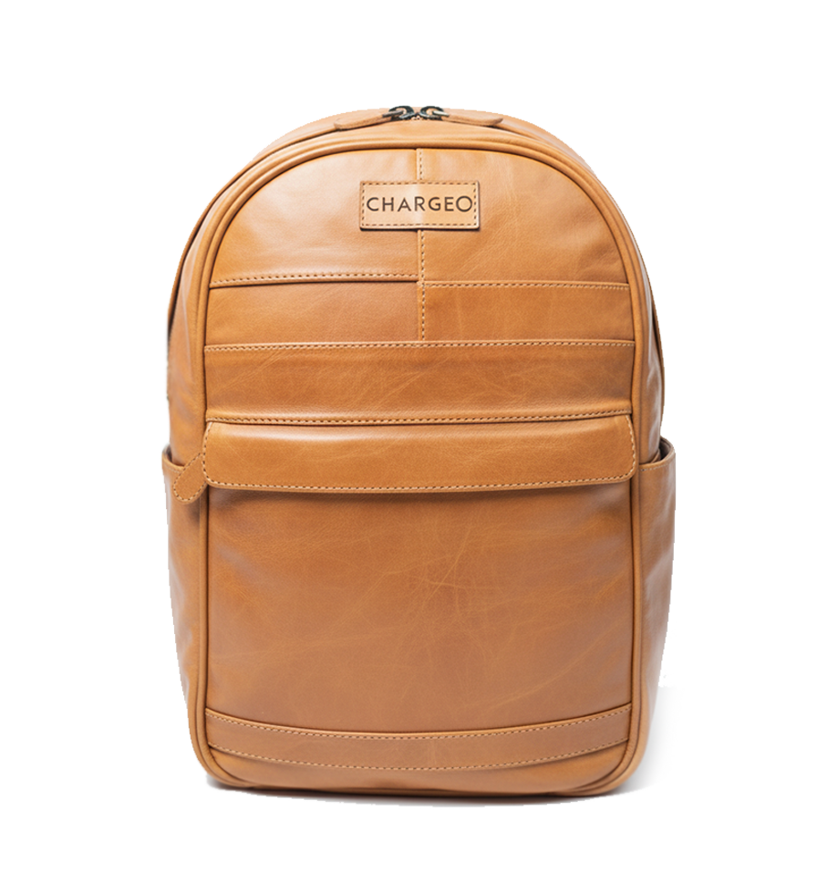 Front view of CHARGEO Sandton Backpack in Butter tan leather.