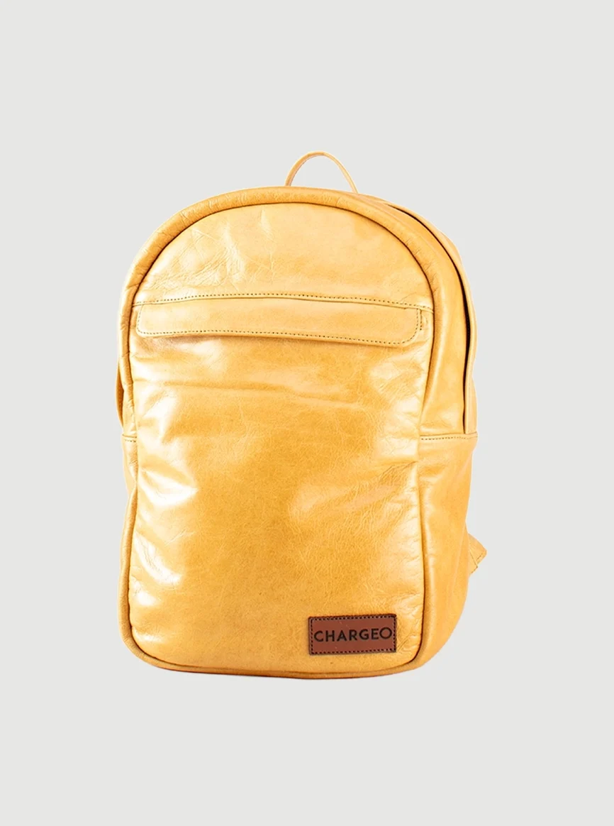 Front view of CHARGEO Waterfall Backpack in Butter Tan leather.