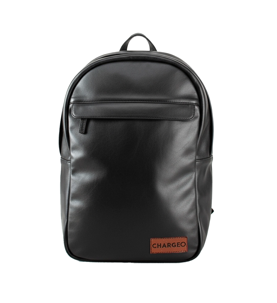 Front view of CHARGEO Waterfall Backpack in Charcoal leather.