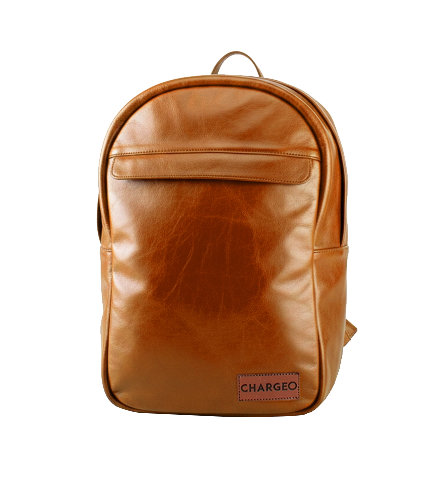 Front view of CHARGEO Waterfall Backpack in Cognac leather