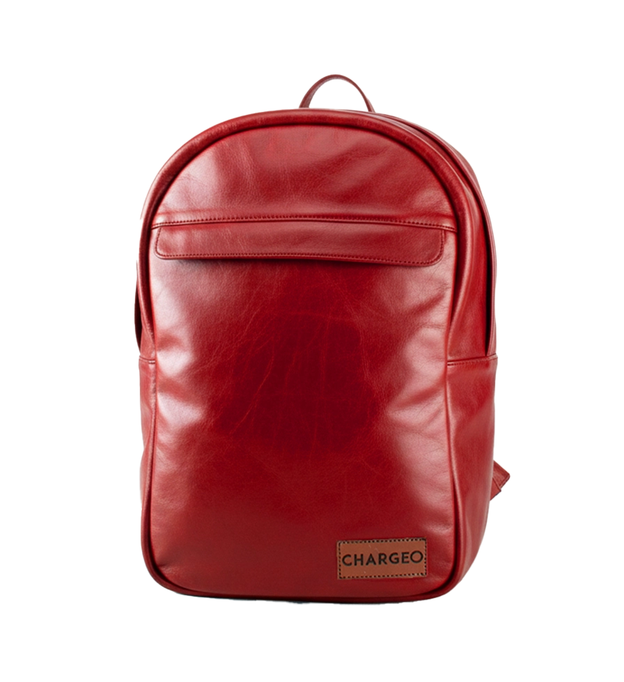 Front view of CHARGEO Waterfall Backpack in RedRuby leather