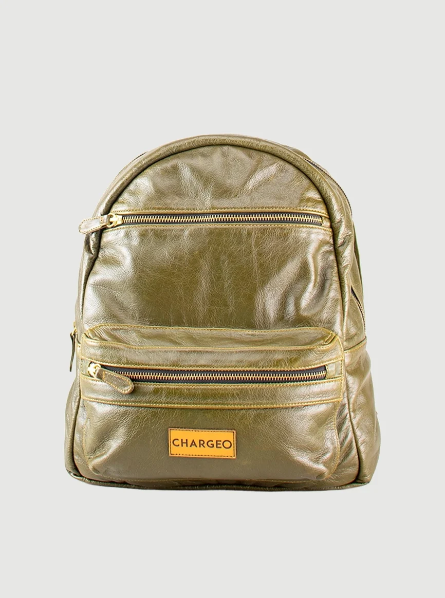 Front view of the CHARGEO Morningside avocado leather backpack
