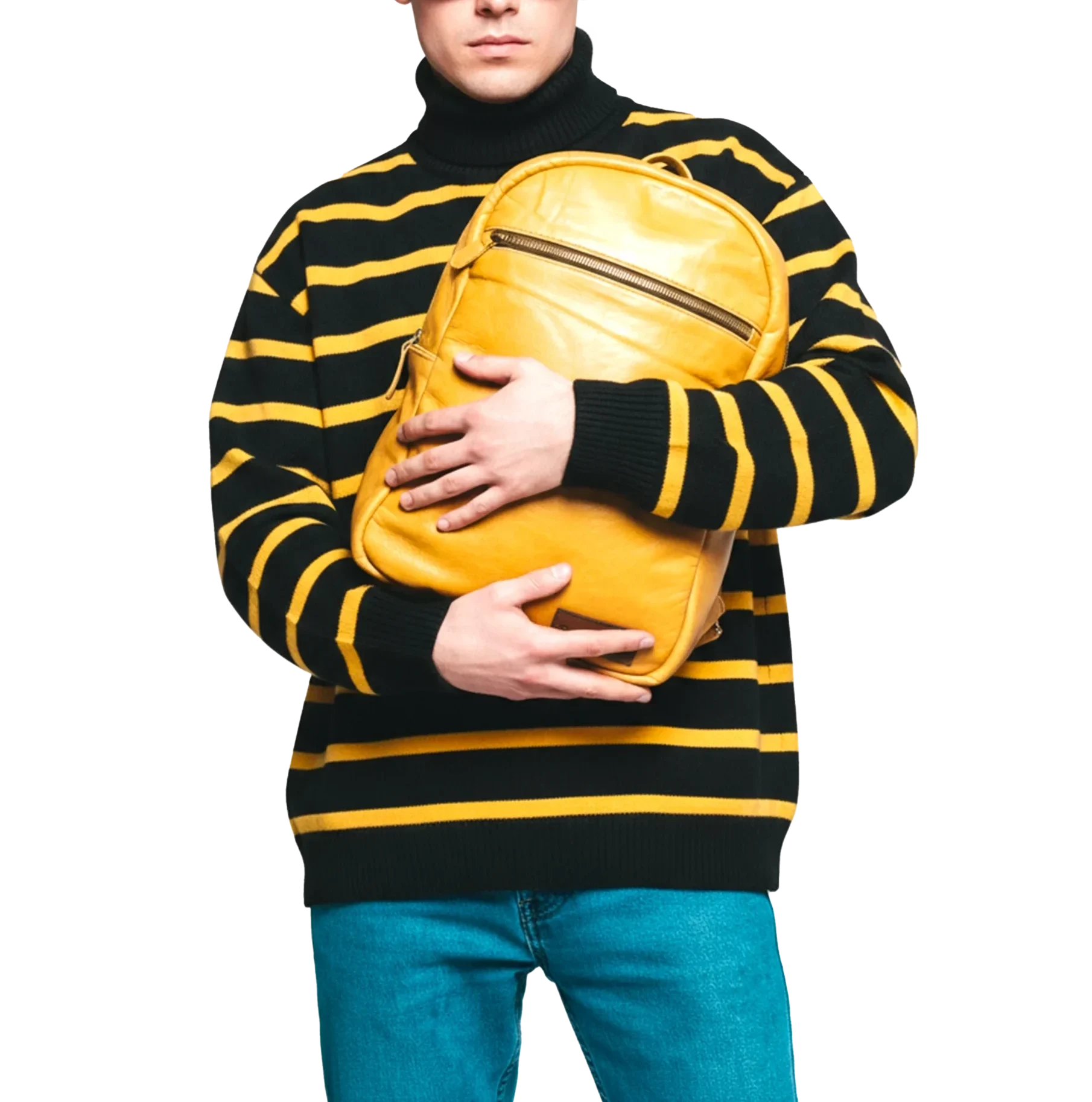 Man in sunglasses holding a CHARGEO luxury mustard-yellow leather backpack against his side