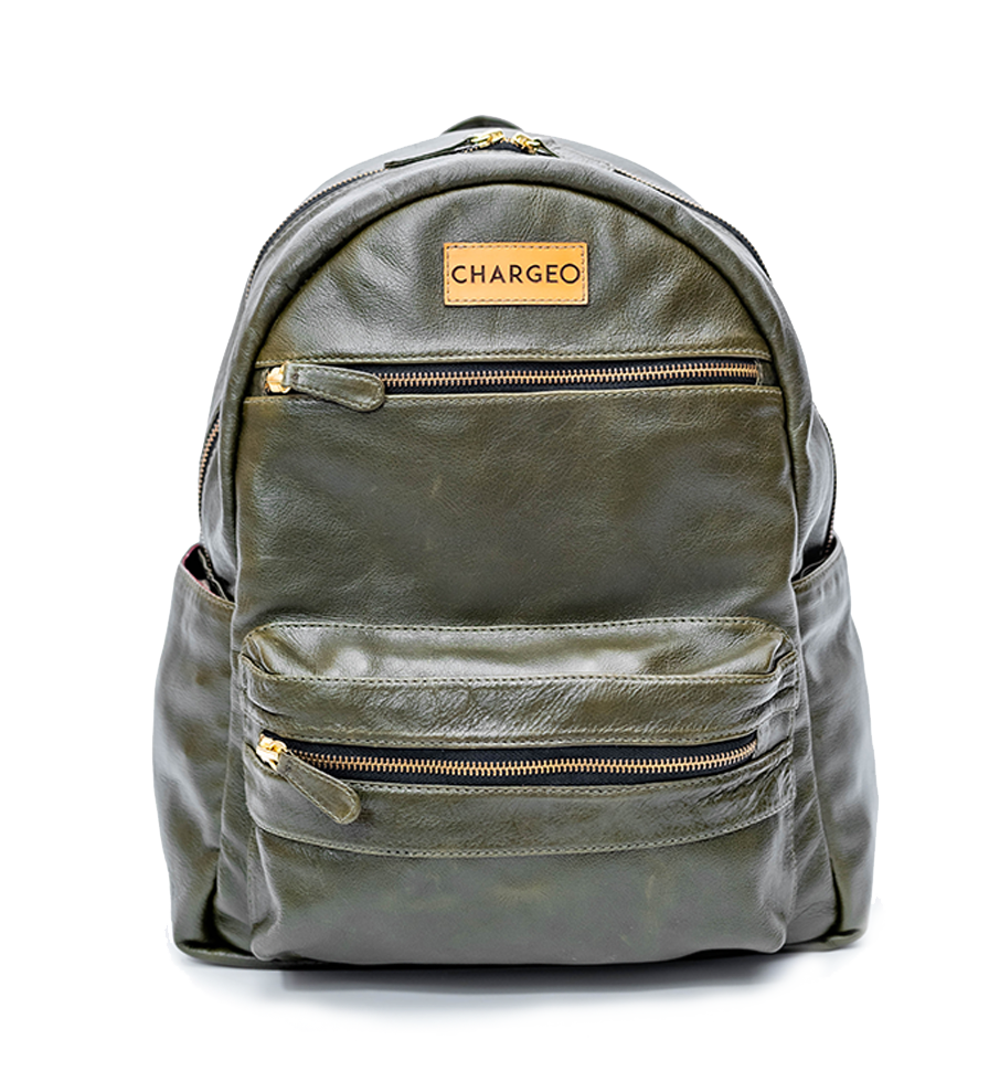 Front view of the CHARGEO Morningside Avocado leather backpack