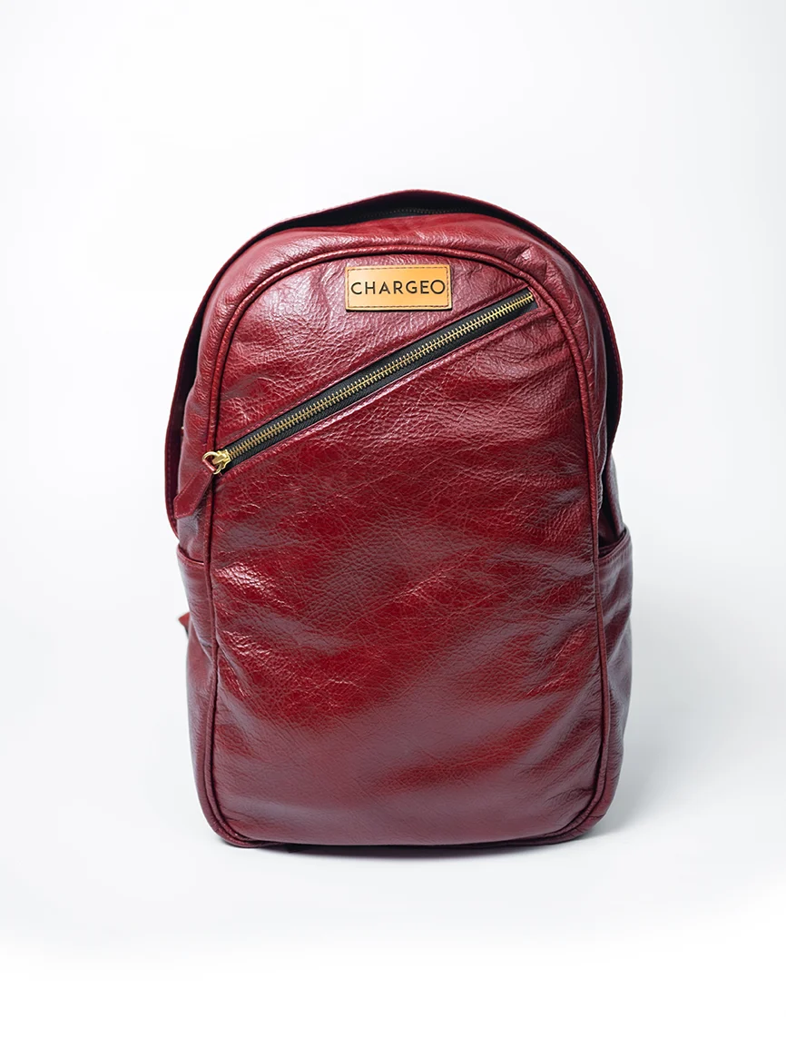 Front view of CHARGEO Pretoria Backpack in RedRuby leather.