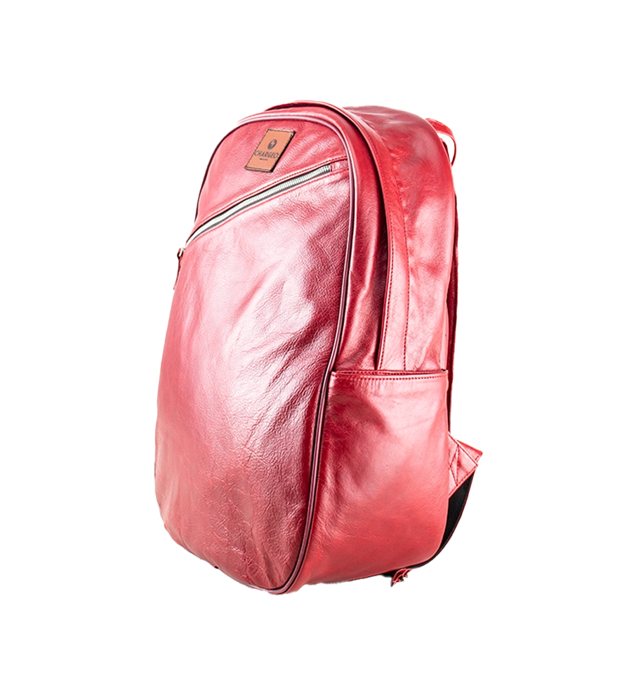 Side view of CHARGEO Pretoria Backpack in RedRuby leather. Side view of CHARGEO Pretoria Backpack in RedRuby leather.