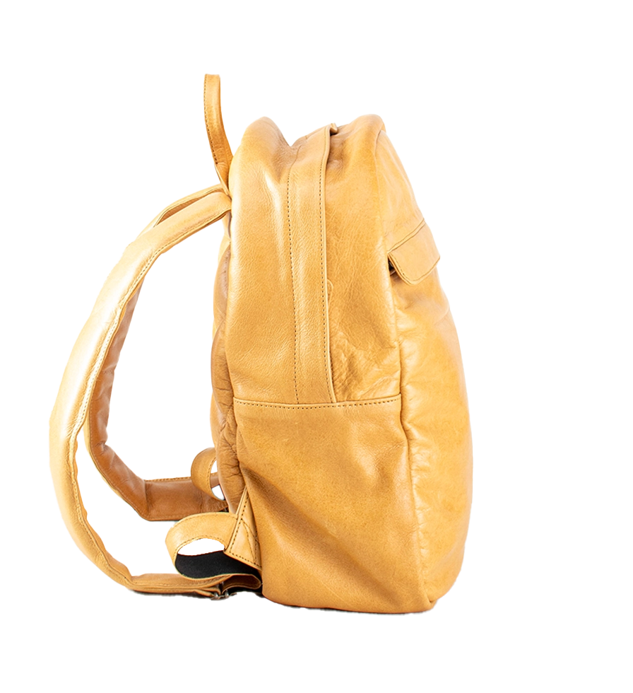 Side view of CHARGEO Waterfall Backpack in Butter Tan leather