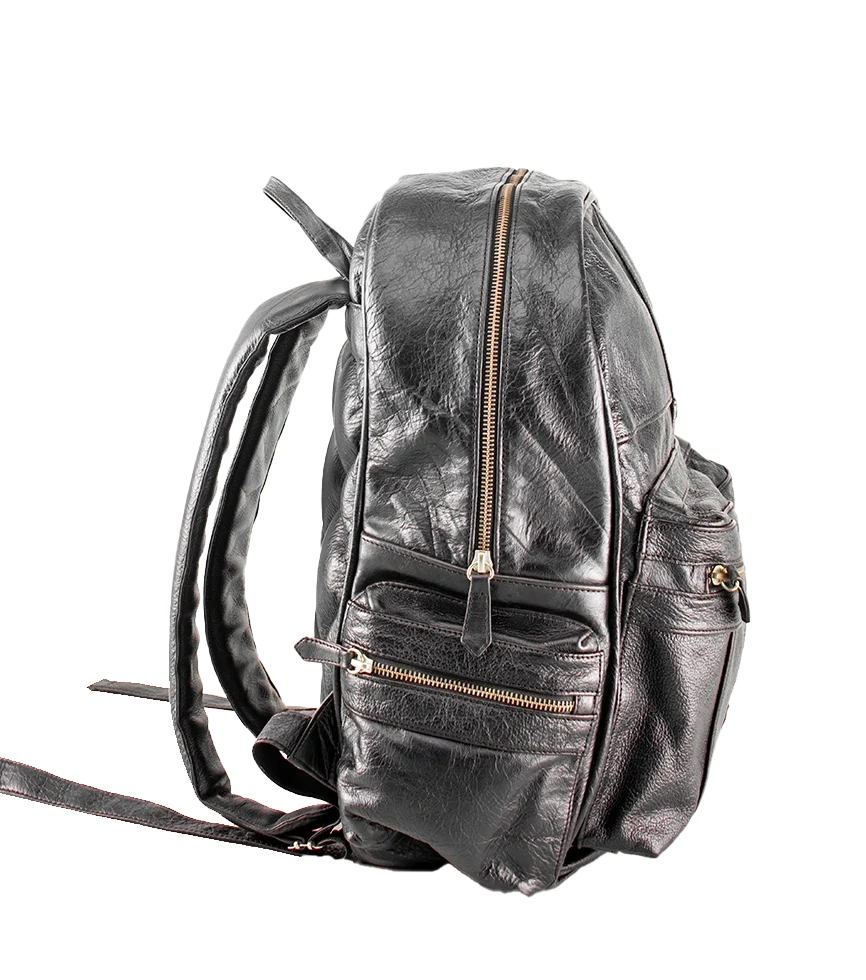 Side view of the CHARGEO Hyde Park Charcoal leather backpack front view