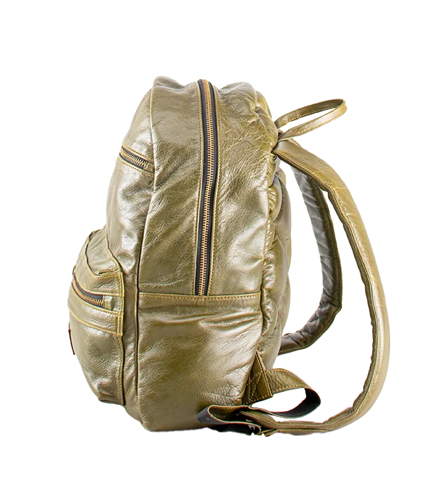 Side view of the CHARGEO Morningside Avocado leather backpack