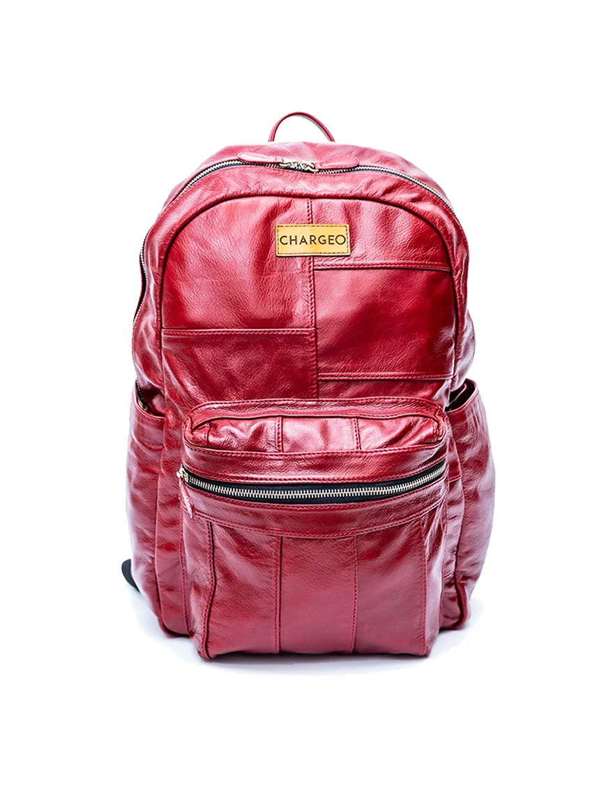 CHARGEO Leather Westville Backpack Ruby Red front view.