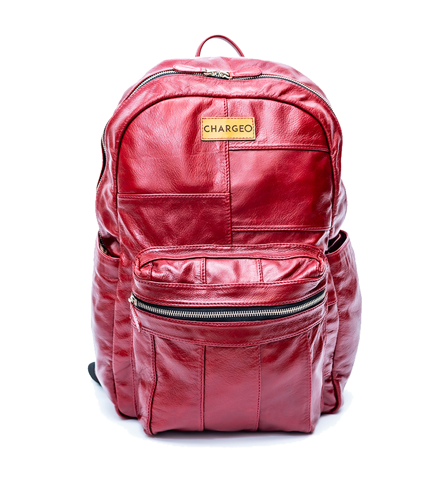 CHARGEO Leather Westville Backpack Ruby Red front view.