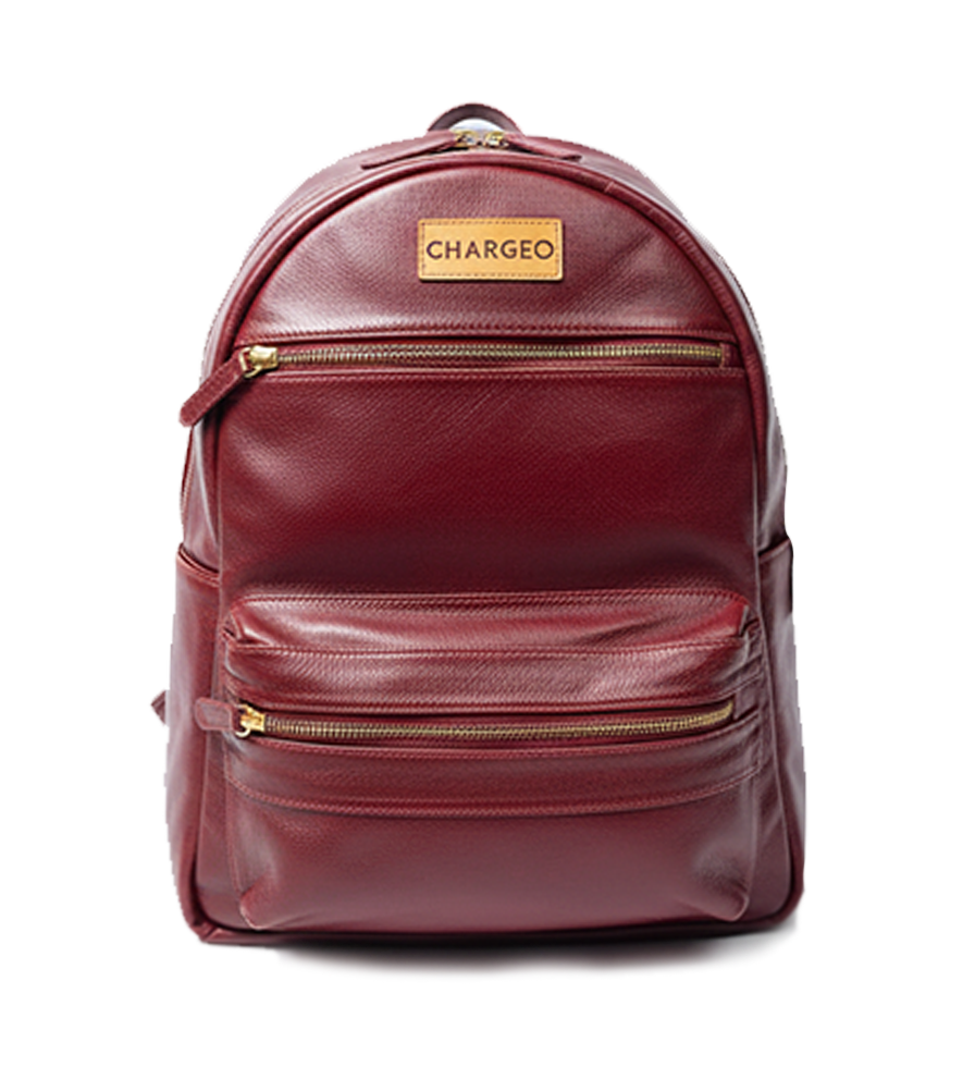 Front view of the CHARGEO Morningside RubyRed leather backpack