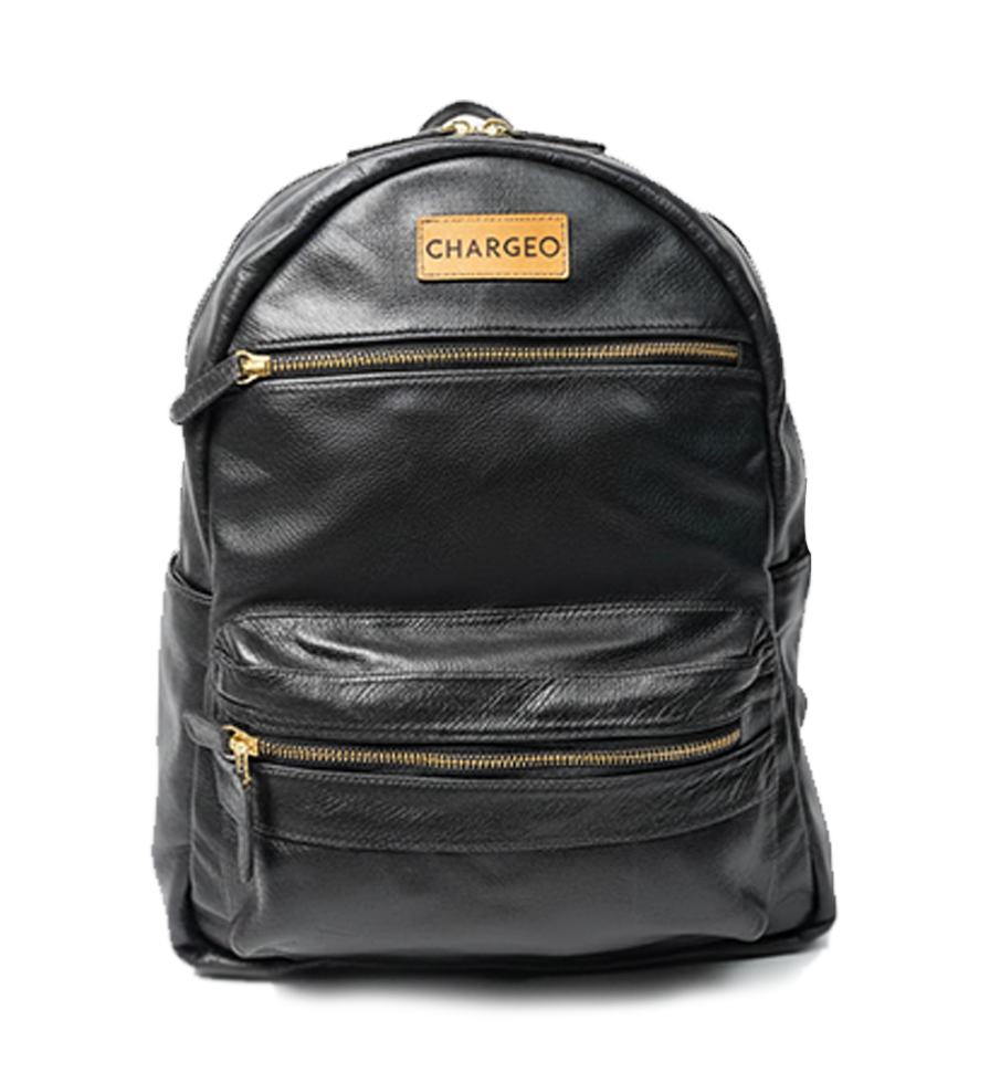 Front view of the CHARGEO Morningside Charcoal leather backpack