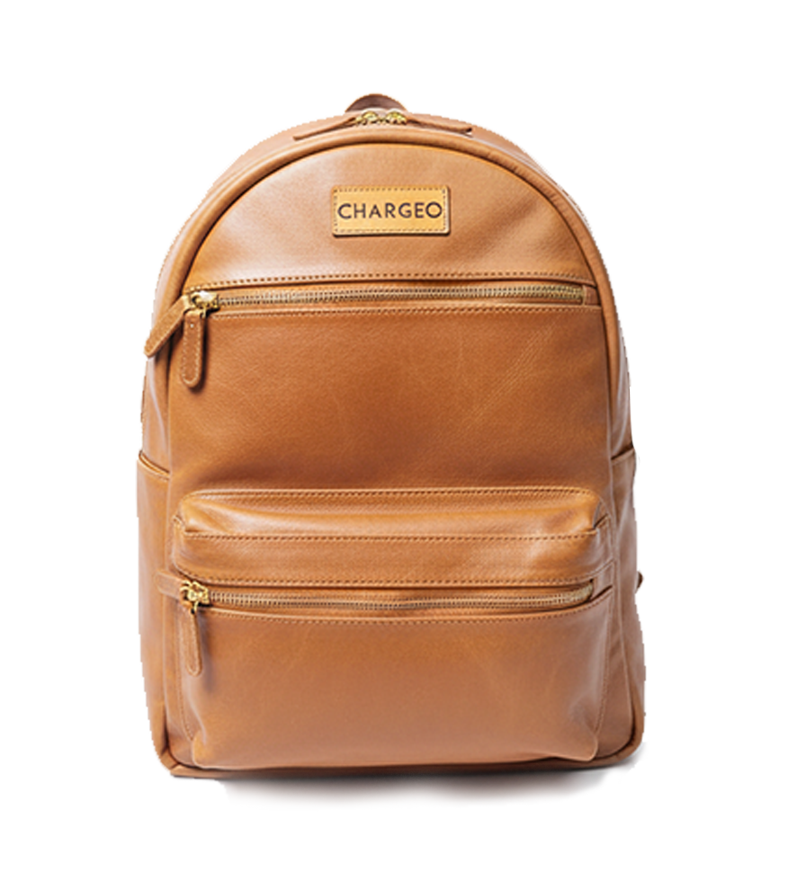 Front view of the CHARGEO Morningside Butter Tan leather backpack
