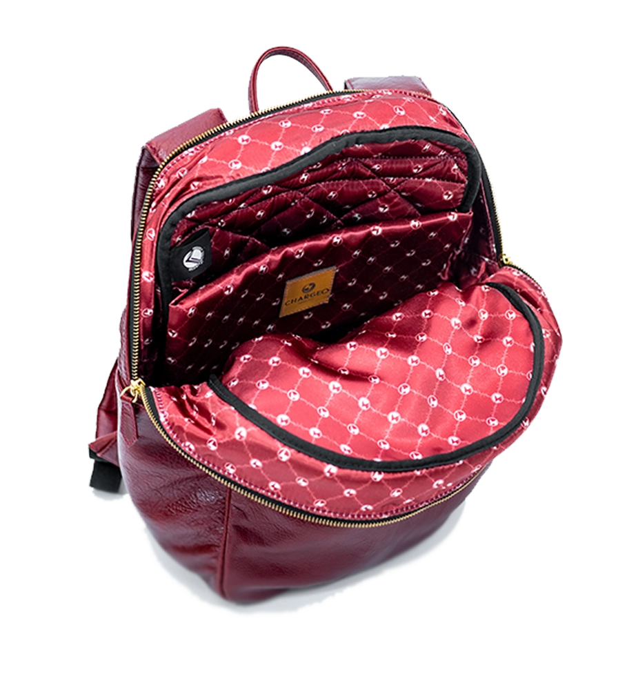 CHARGEO Leather Bag Constantia Ruby Red Opened Zipper Top View CHARGEO Leather Bag Constantia Ruby Red Opened Zipper Top View