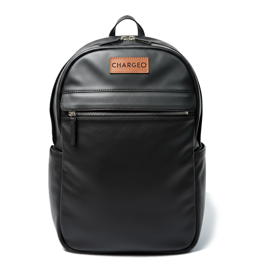 Front view of CHARGEO Waterfall Backpack in Charcoal leather
