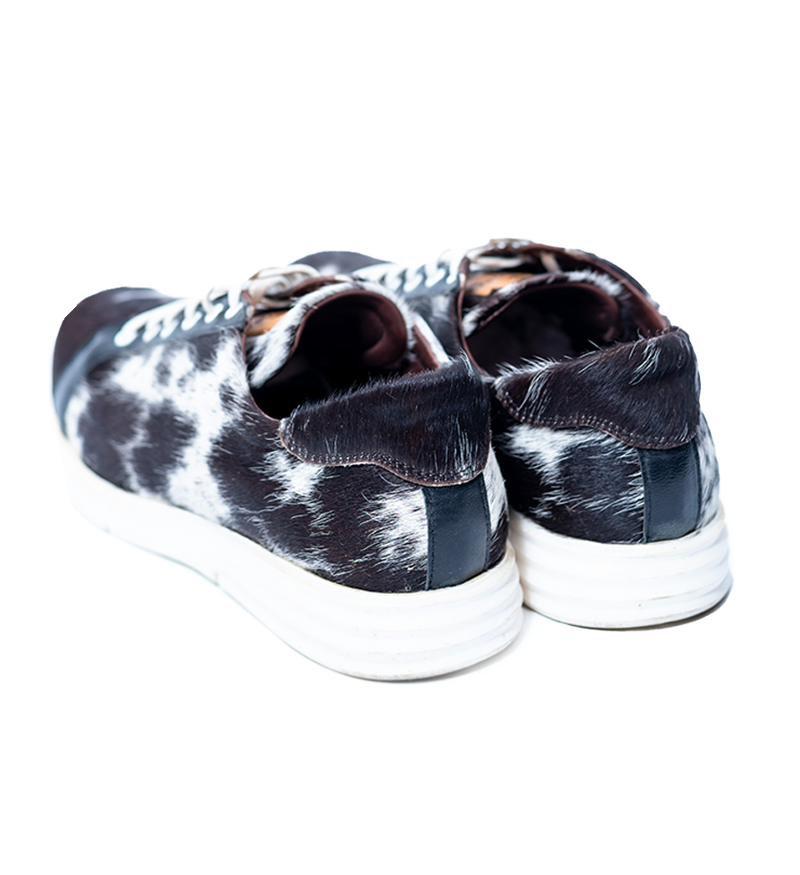 CHARGEO Zulu Treasure leather sneakers in black and white Nguni cowhide, heel and back view