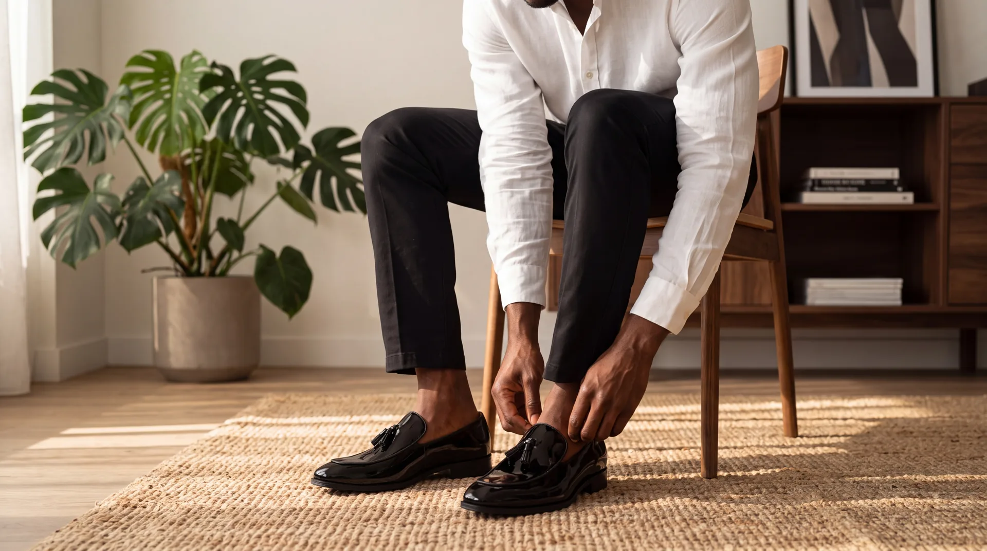 Man in a white linen shirt tying CHARGEO loafers