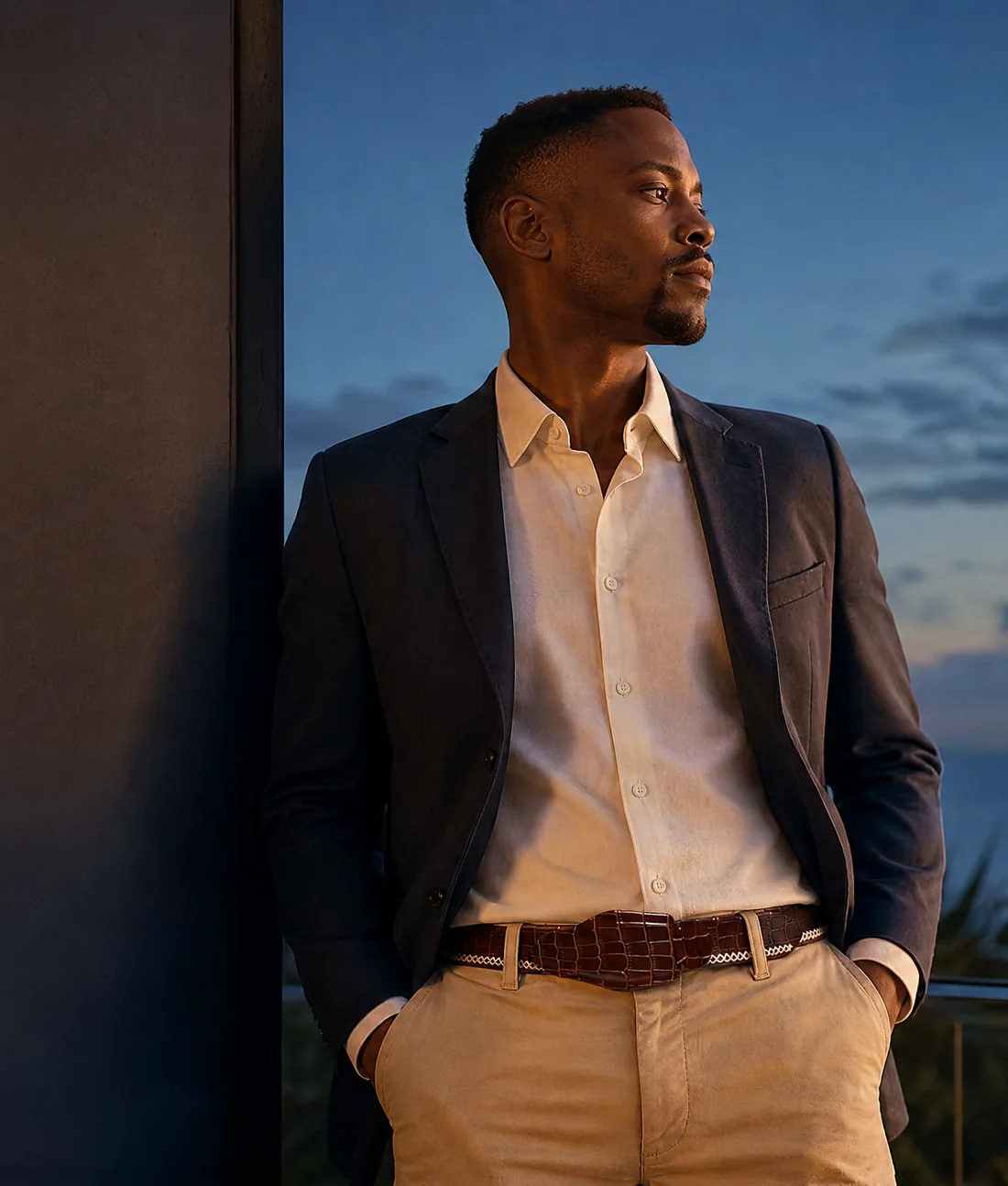 Man in a navy blazer on a hotel terrace above the sea in Umhlanga wearing a CHARGEO crocodile belly leather belt